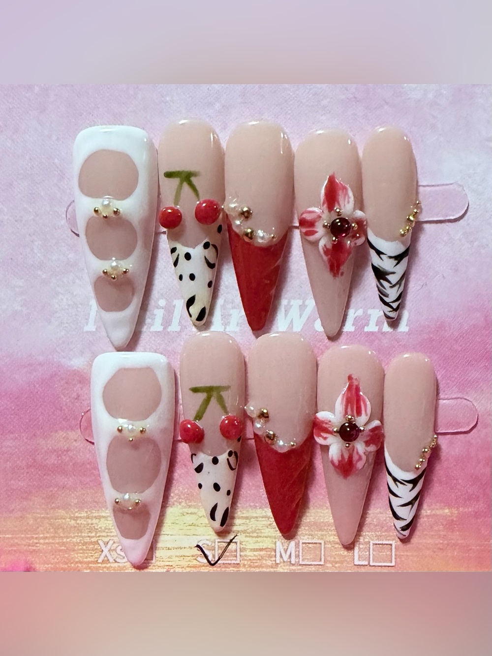 Neutral Pink & Red Cherry Floral Stiletto Nail Set